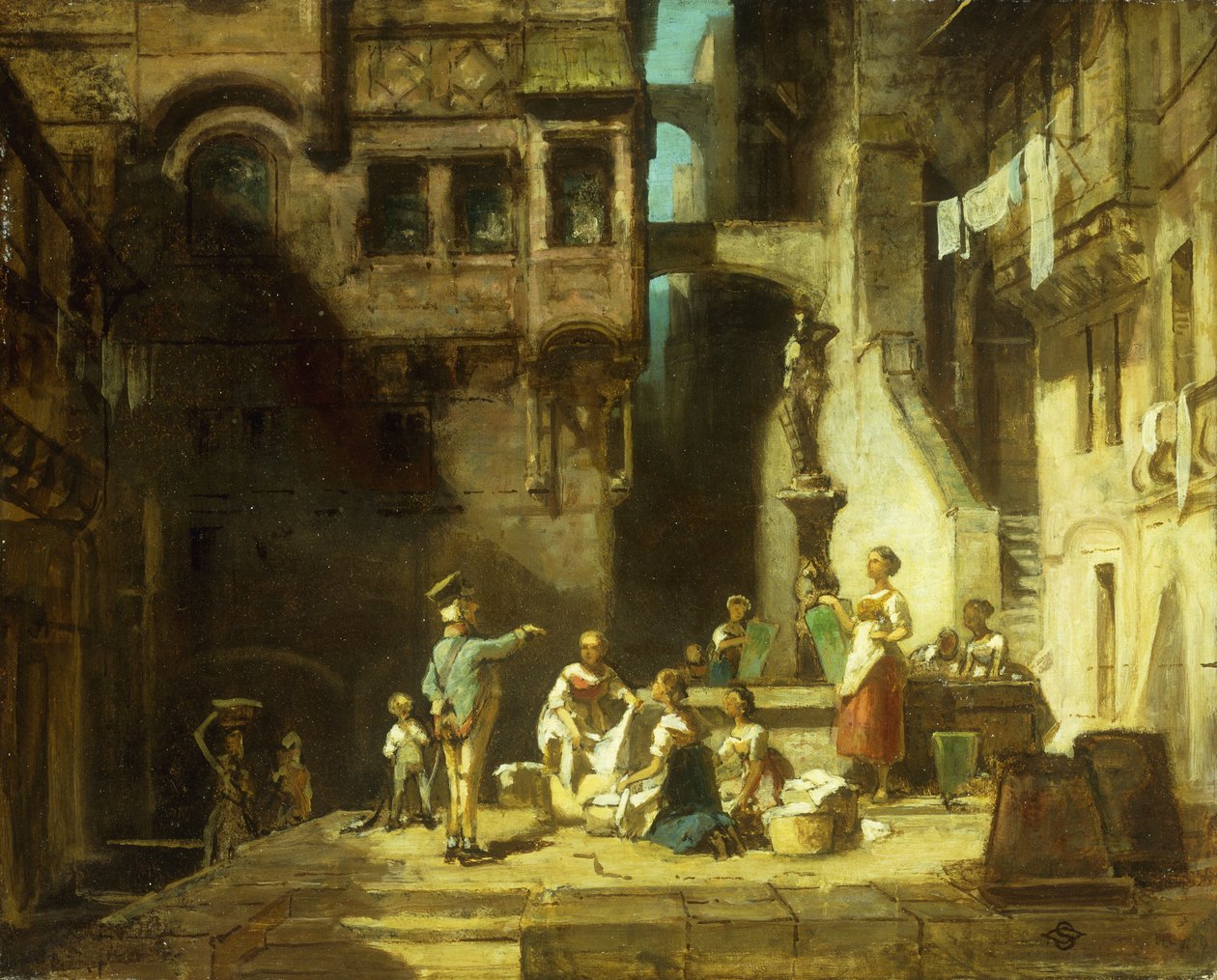 Klesvask kvinner ved brønnen; Vaskedamer ved brønnen, ca. 1860 av Carl Spitzweg
