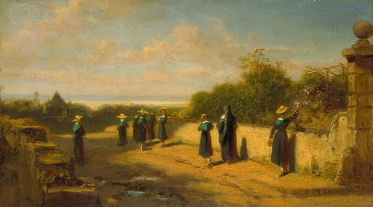 Jenteinternat på tur. Rundt 1870 av Carl Spitzweg