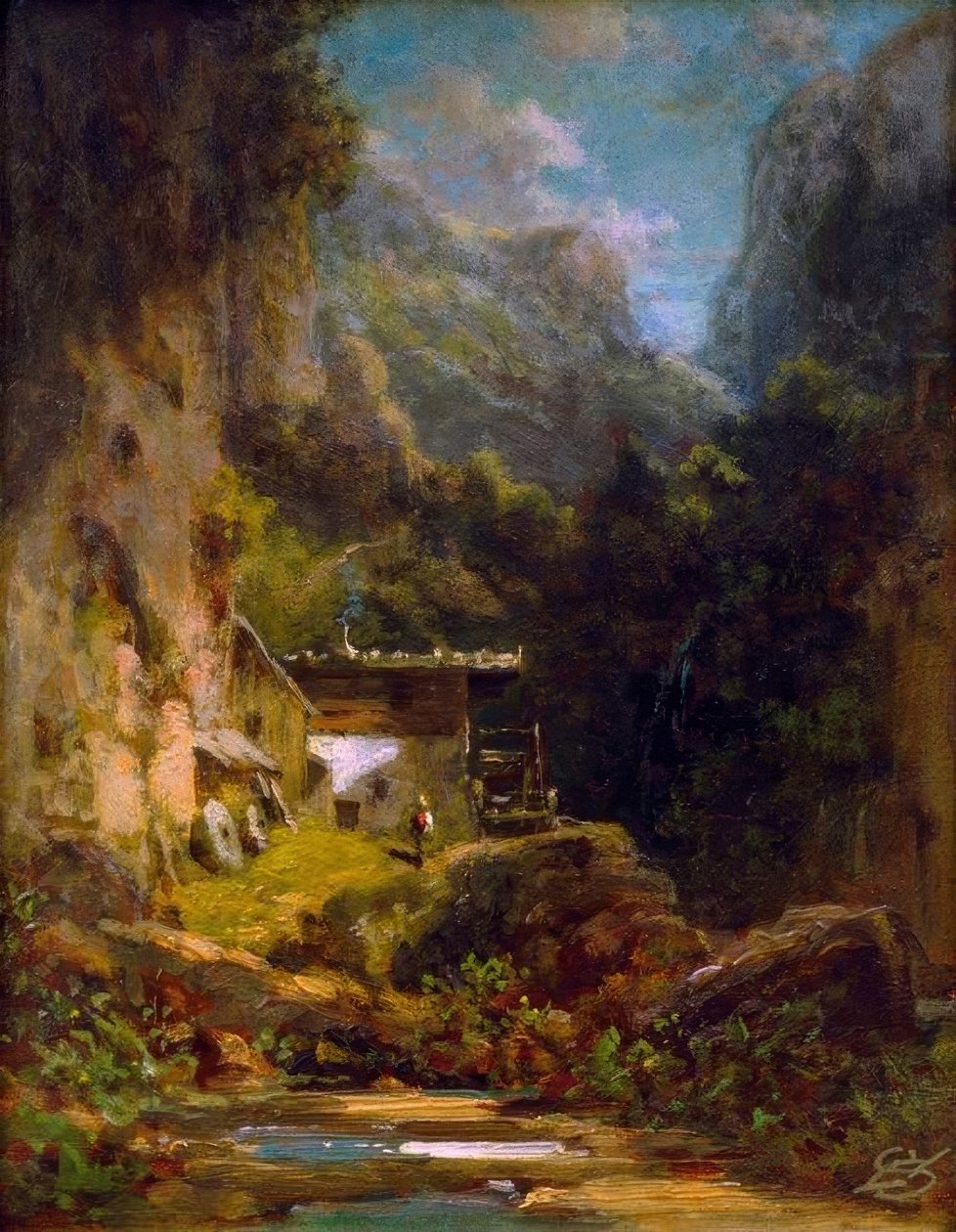Kvern i skogsravine med figur av Carl Spitzweg