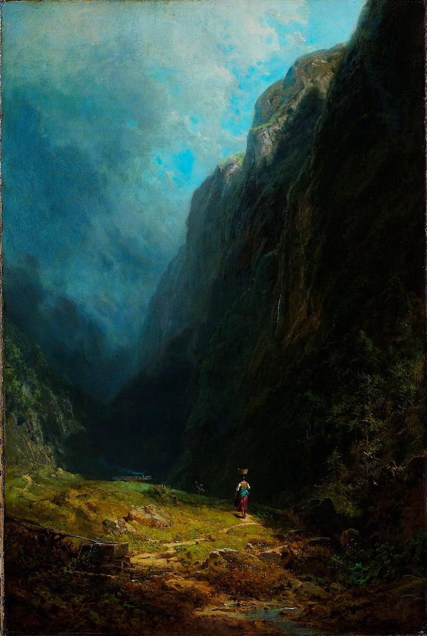 ""Paysage de haute vallee alpine"" Vue du mont Wendelstein Allemagne (In the Alpine High Valley Landscape with Mount Wendelstein) Peinture de Carl Spitzweg (1808-1885) Olje på lerret vers 1871 Dim 88,5x59 cm Museum Kunstpalast, Dusseldo av Carl Spitzweg