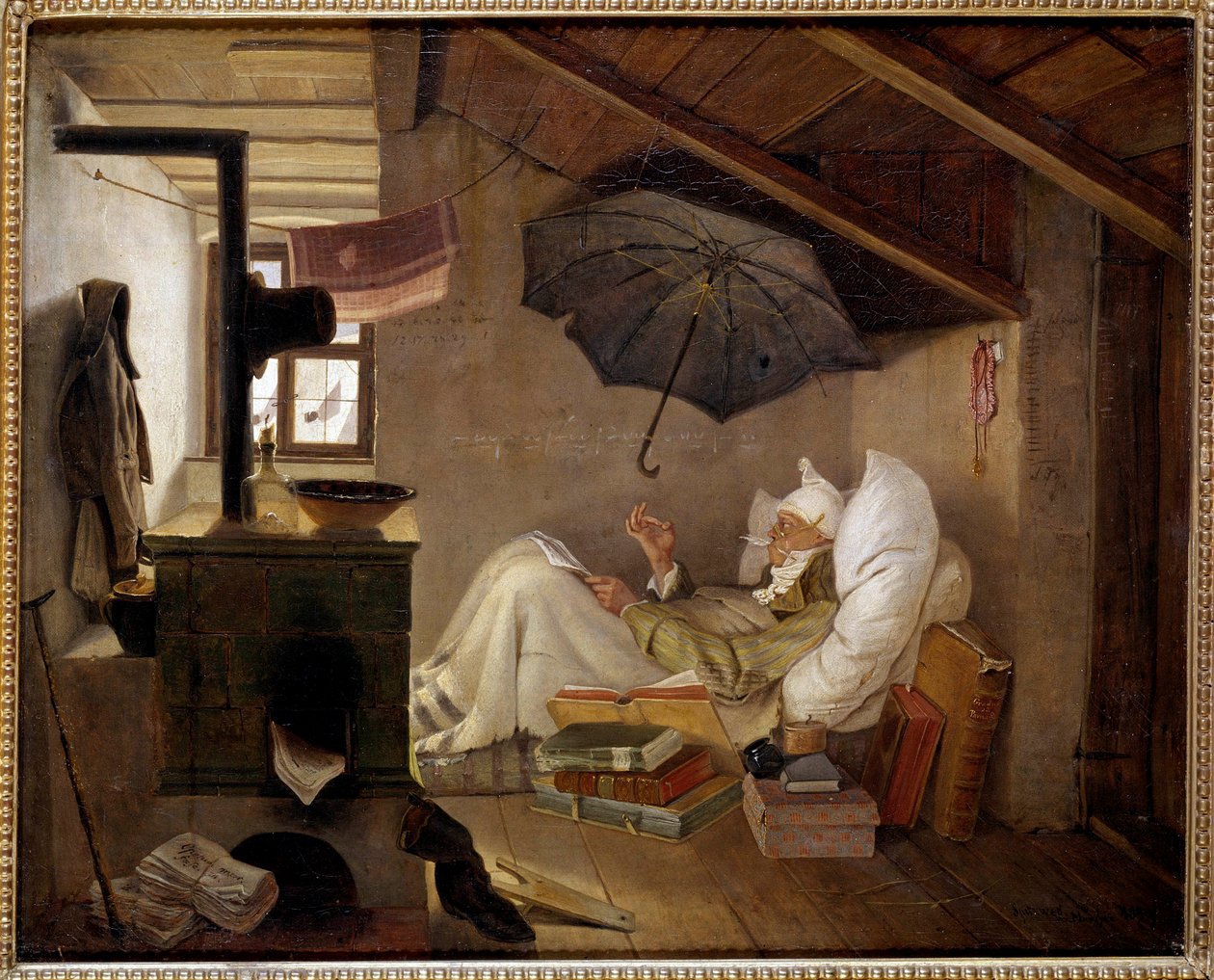 Stakkars dikter En gammel mann ligger på et loft. Maleri av Carl Spitzweg (1808-1885) 1839. Dim. 0,36 X 0,44 m Berlin, Altes Museum, Tyskland - Den fattige poeten. En gammel mann sengeliggende på et loft. Maleri av Carl Spitzweg (1808-1885) av Carl Spitzweg