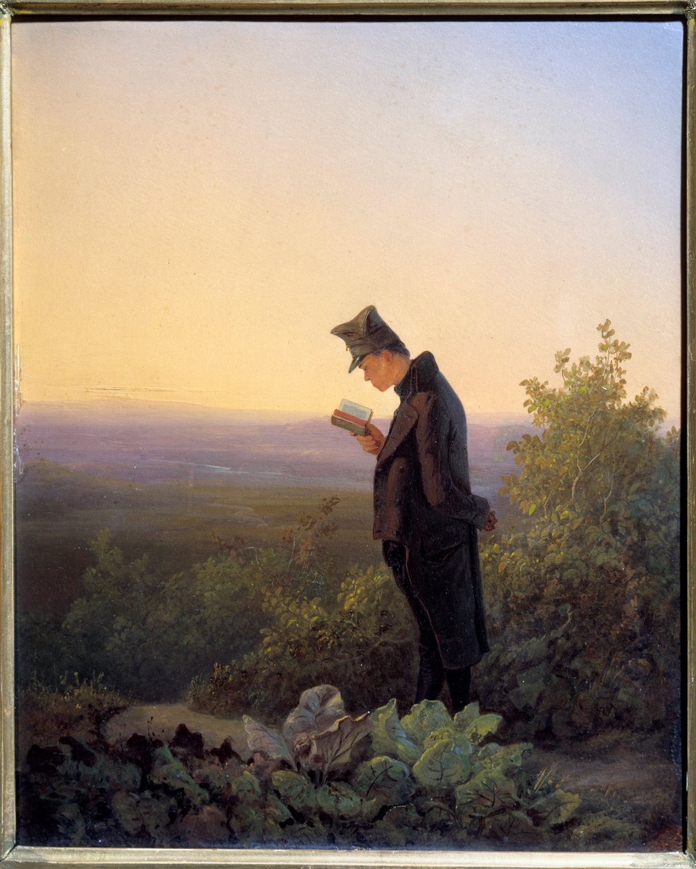 Leser Breviary om kvelden En mann som leser Bibelen i et romantisk landskap. Maleri av Karl Spitzweg (1808-1885) n 1845 søn. 0,29x0,23 m av Carl Spitzweg