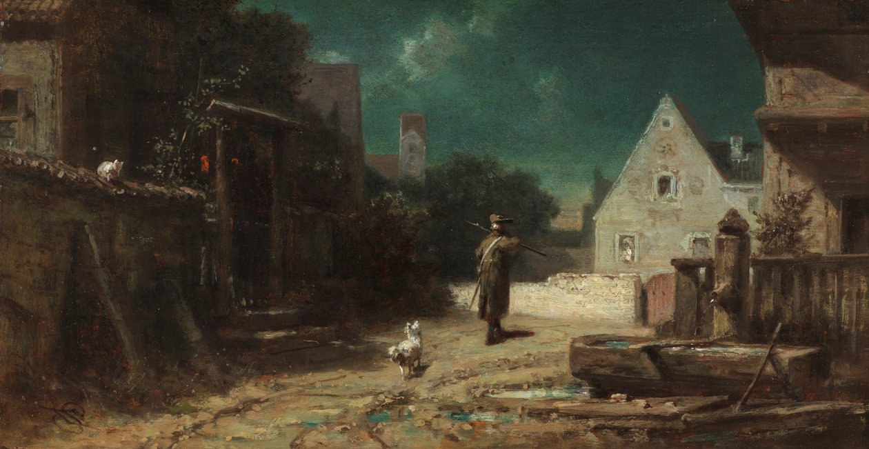 Nattevakten Nattevakten ved måneskinn, eller Hund og katt, ca. 1870. av Carl Spitzweg