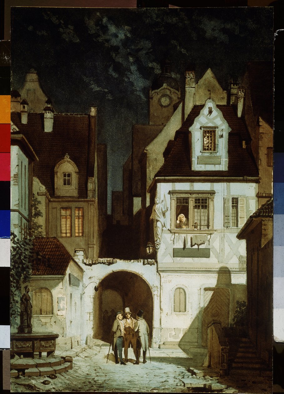 Et hjørne av en tysk by ved månelys. Maleri av Carl Spitzweg (1808-1885). Akvarell på papir, 68,5 x 46,5 cm. Tysk kunst fra 1800-tallet. Pushkin Museum of Fine Arts, Moskva. av Carl Spitzweg