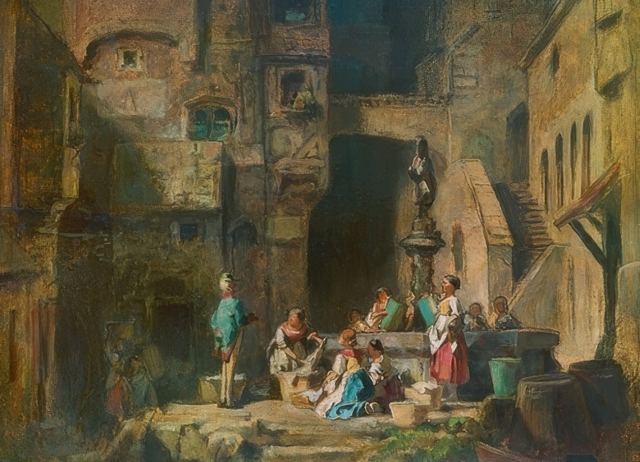 Vaskedamer ved brønnen. Rundt 1882 av Carl Spitzweg