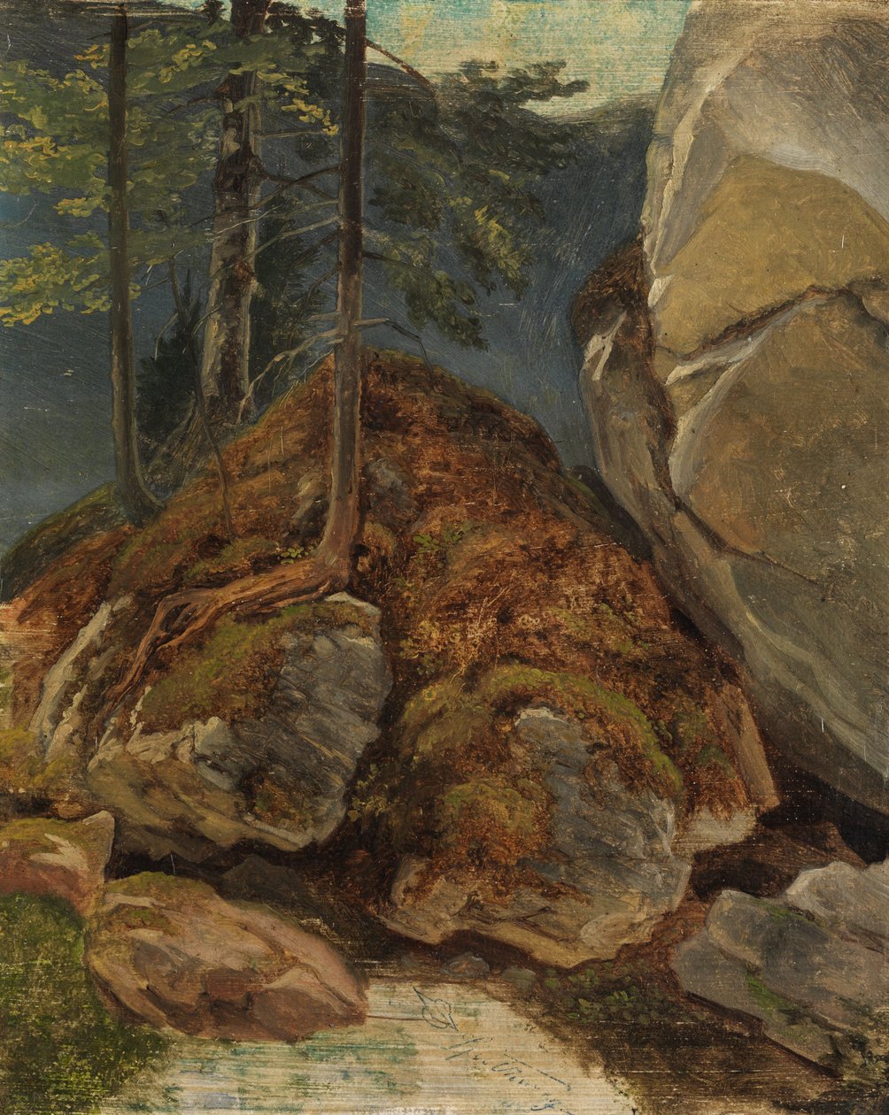 Oljestudie med mosdekket stein av Carl Spitzweg