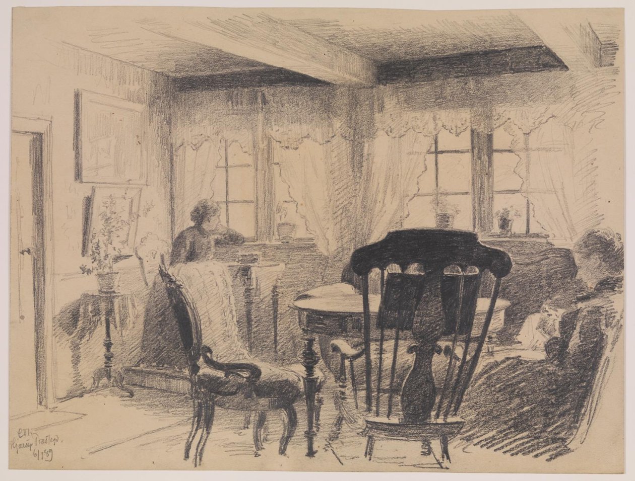 Hjarup prestegård. Stue med to sydamer av Carl Thomsen