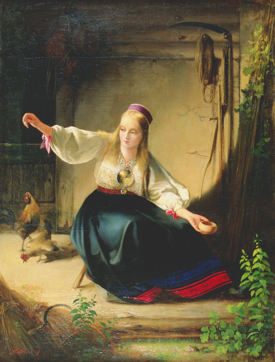 En jente som mater høner, 1839 av Carl Timoleon von Neff