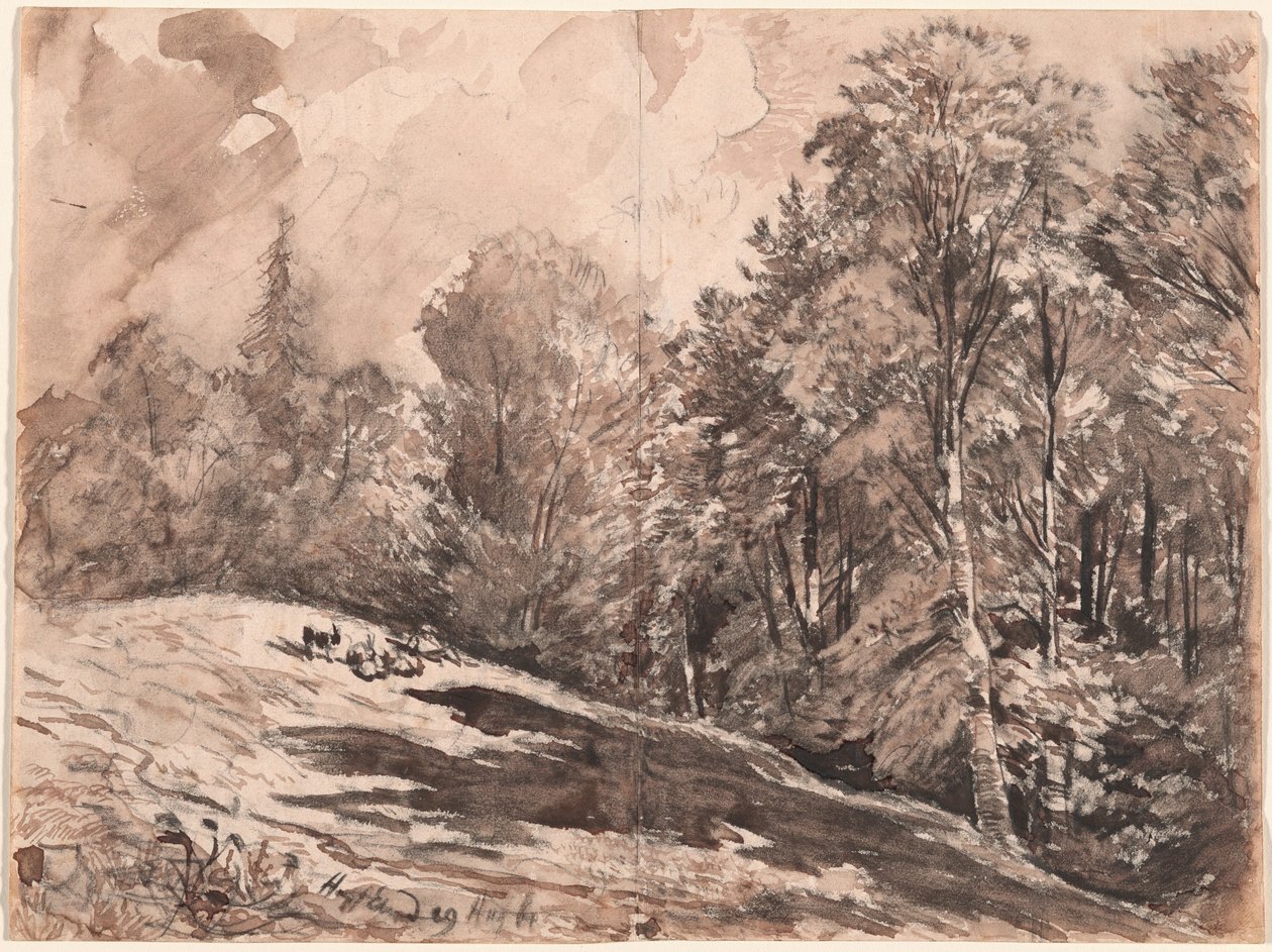 En eng med en hyrde og geiter i utkanten av en skog av Carl Wagner