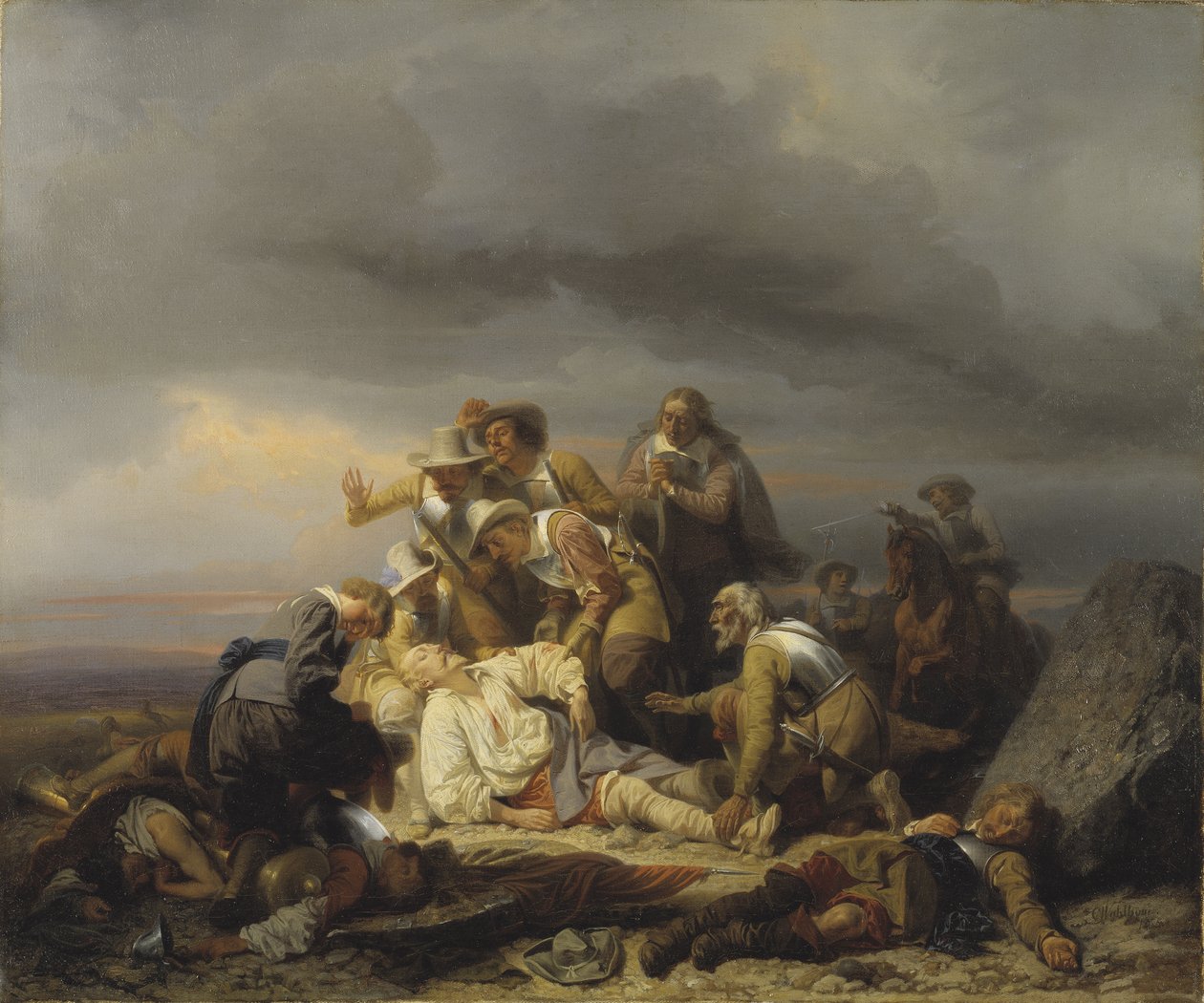 Finne liket av kong Gustav II Adolf av Sverige (1594-1632) kjent som den store eller Nordens løve, som døde i slaget ved Lutzen, 6. november 1632 - Finne liket av kong Gustav II Adolf av Sverige etter slaget ved Luetze, av Wahlbom, Carl (1810- av Carl Wahlbom