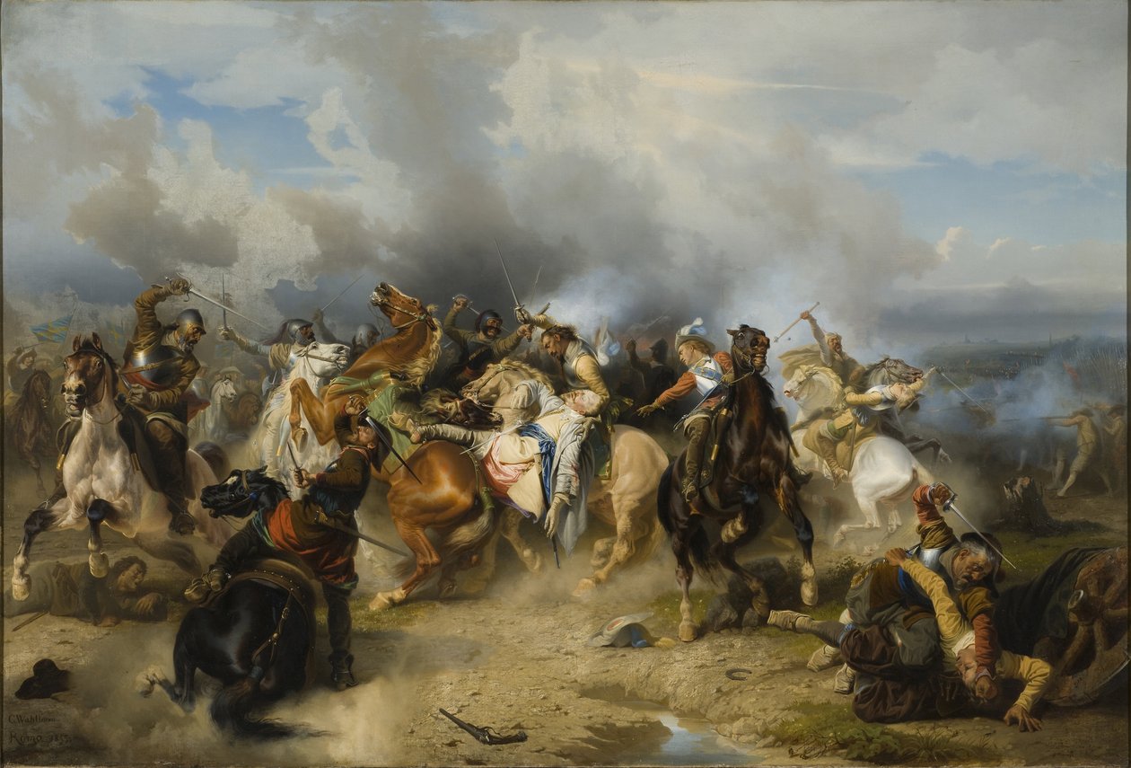 Dødsfallet til kong Gustav II Adolf av Sverige (1594-1632) sa Nordens store eller løve, i slaget ved Luetzen, 6. november 1632 - Kong Gustav II Adolf av Sverige døde i slaget ved Luetzen 6. november 1632, av Wahlbom, Carl (1810-1858). Olje på av Carl Wahlbom