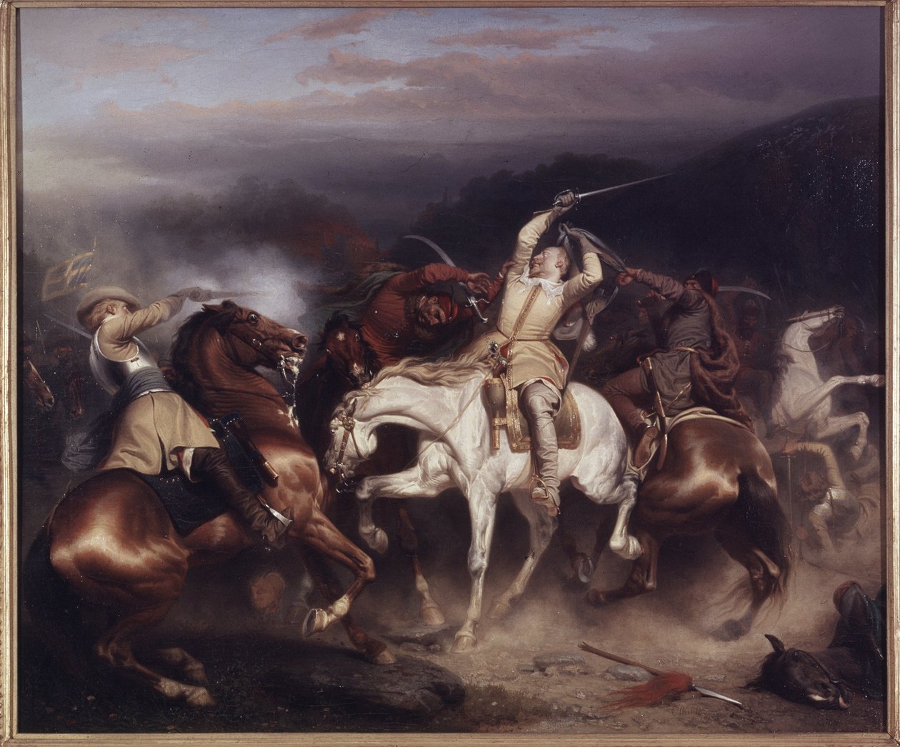 Kong Gustav II Adolf av Sverige, kjent som den store eller den nordlige løven, i slaget ved Trzciana (eller slaget ved Honigfelde eller Sztum) juni 1629 - Kong Gustav II Adolf av Sverige (1594-1632) ved Stuhm, av Wahlbom , Karl (1810-1858). olje på lerret av Carl Wahlbom