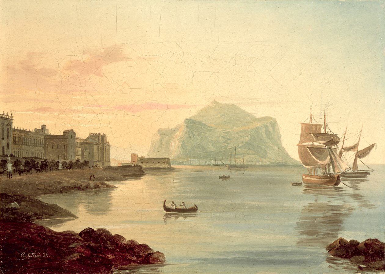 Palermo havn med Pellegrino-fjellet, 1831 av Carl Wilhelm Goetzloff