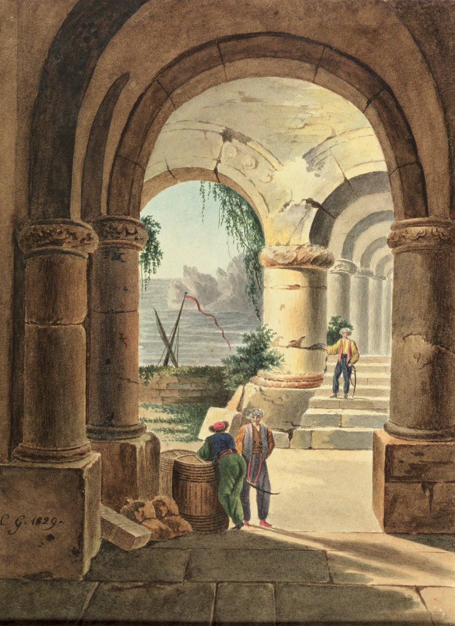 Utsikt over havet gjennom et kloster, 1829 (wc på papp) av Carl Wilhelm Goetzloff