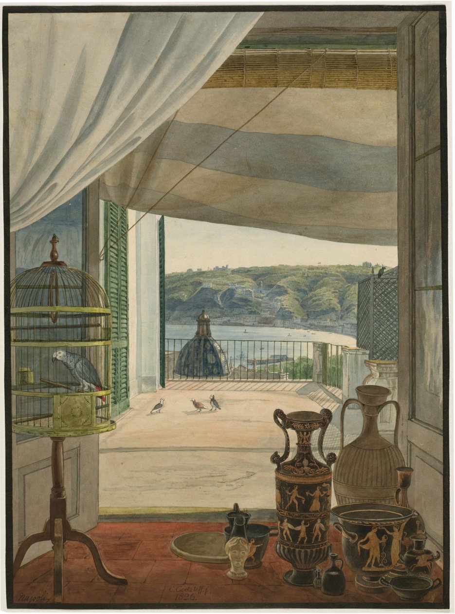 Antikviteter ved en balkong med utsikt over Napolibukten av Carl Wilhelm Götzloff