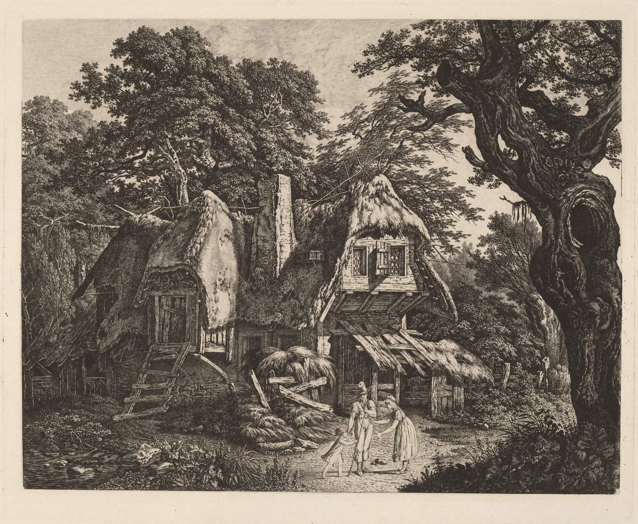 Stråtakhytte med landskap og figurer av Carl Wilhelm Kolbe
