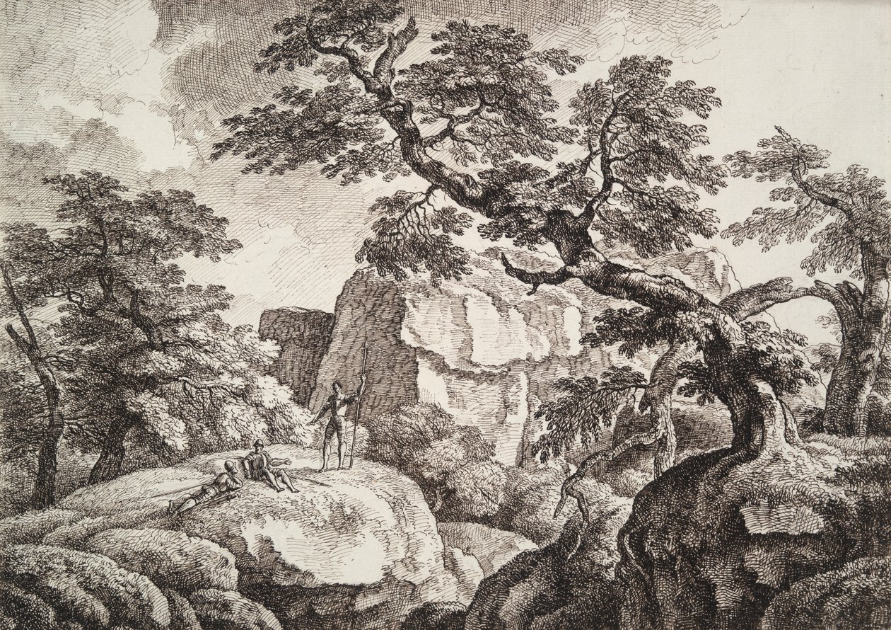 Tre soldater i et kupert landskap av Carl Wilhelm Kolbe the elder