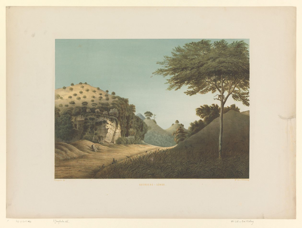 Gezicht op een landschap in Gunung Sewu Goênoeng-Sèwoe (title on object)   1384271   no       norwegian Successfully Translated  Original: Preparations for the New Year, from Spring Rain Surimono Album Harusame surimono-jo, vol...., 1817. Translat: Prepara av Carl Wilhelm Mieling (possibly)