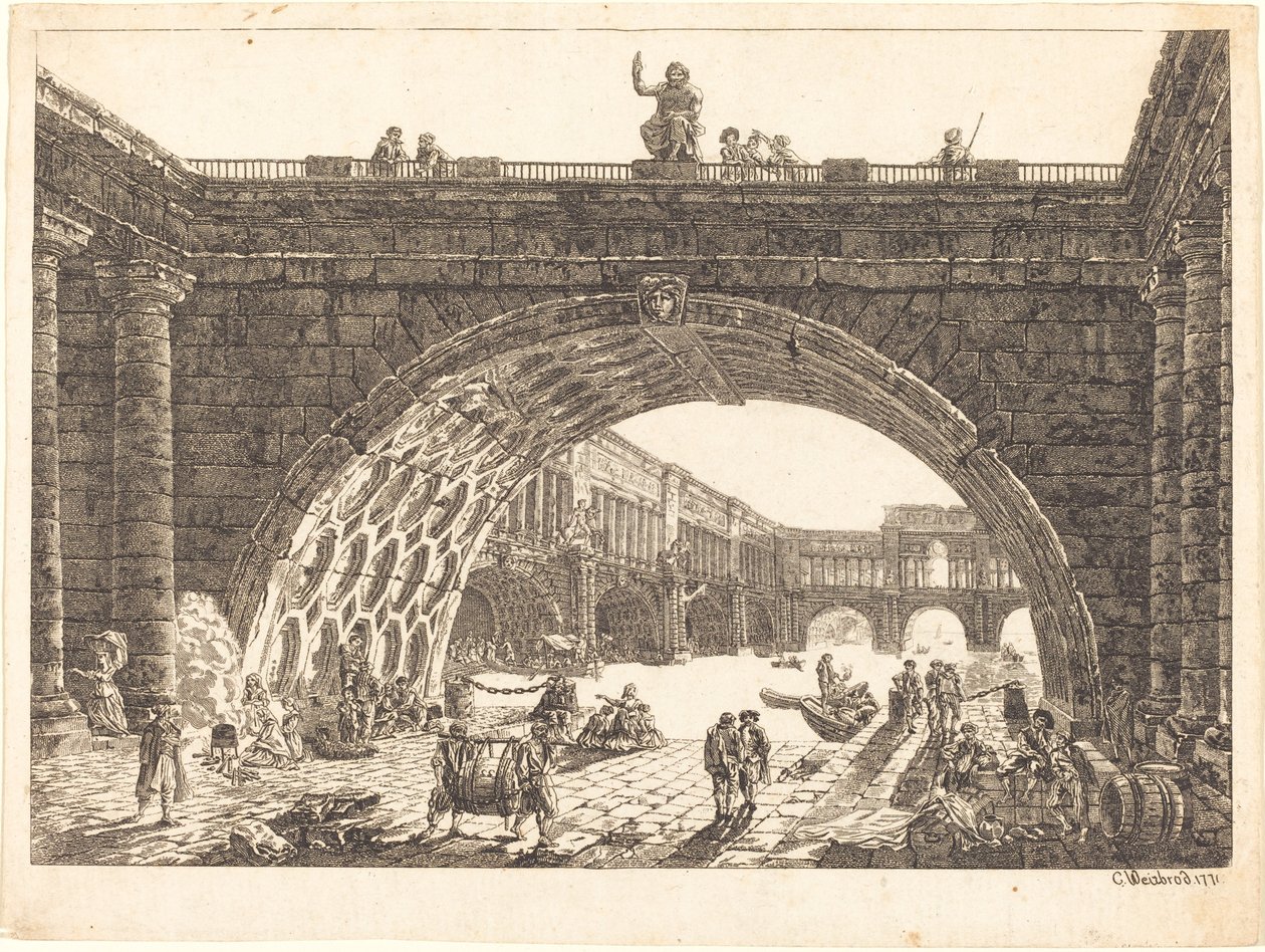 Arkitektonisk fantasi om en monumental havn av Carl Wilhelm Weisbrod after Hubert Robert