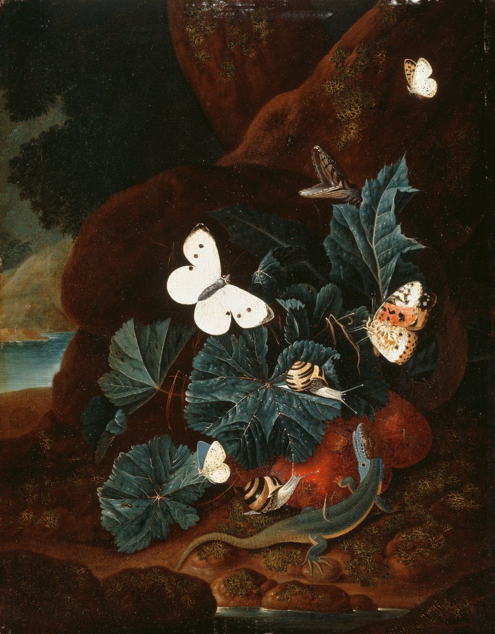 Et skoggulv stilleben med en øgle, sommerfugler, snegl og en slange (olje på panel) av Carl Wilhelm de Hamilton