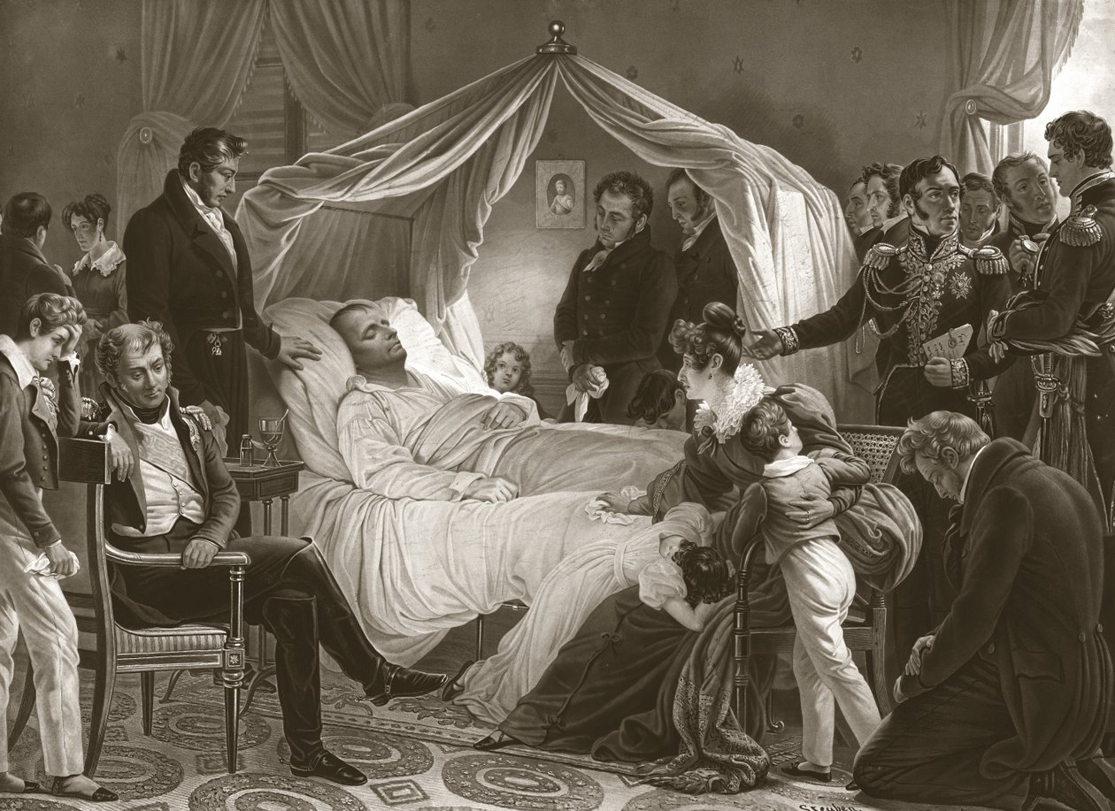 Napoleon på sitt dødsleie, 5. mai 1821, pub. gravering. av Carl von Steuben