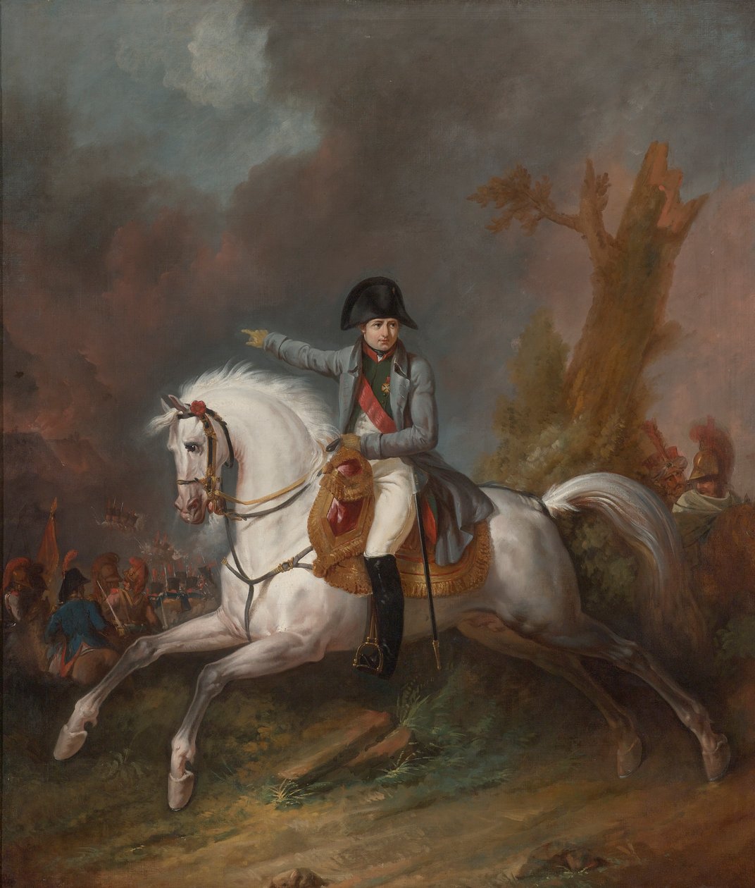 Et rytterportrett av keiser Napoleon med en kamp utover av Carle Vernet