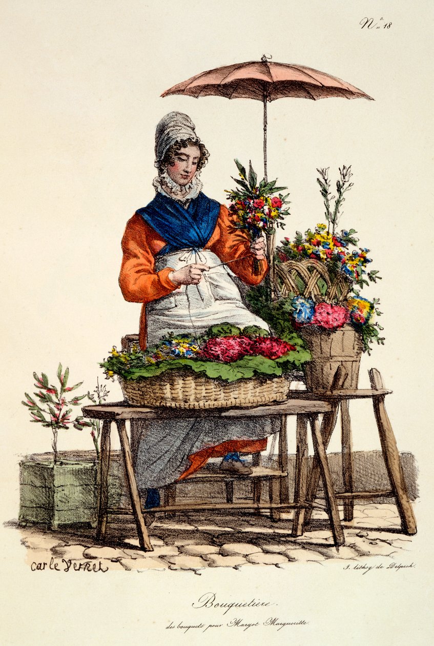 Bouquetiere des bouquets for Margot Margueritte, trykk laget av Delpeck, fra 