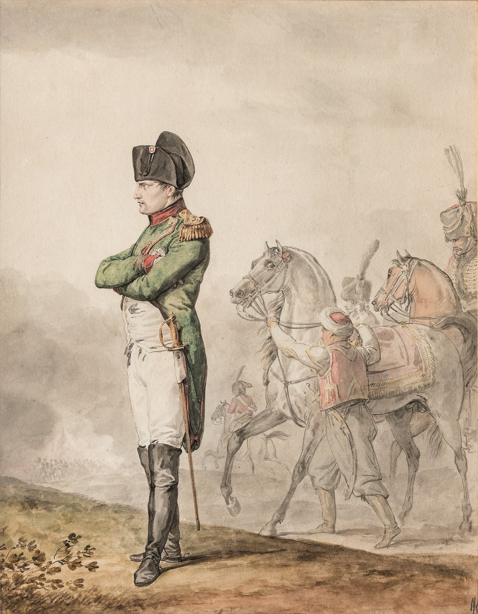 Keiser Napoleon Bonaparte I (1769-1821) ved Austerlitz (blyant og akvarell forsterket med hvitt) av Carle (attr. to) Vernet