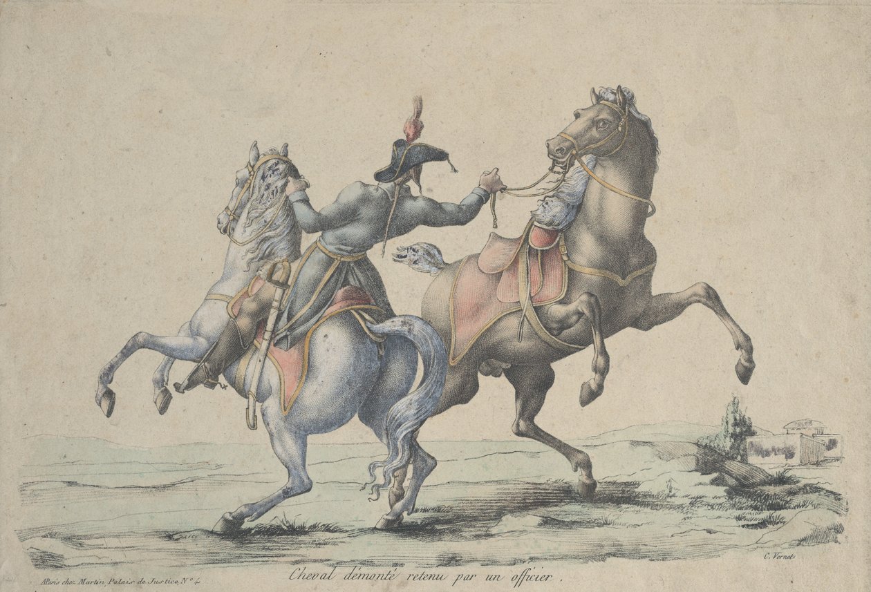 En avmontert hest tøylet inn av en offiser, 1770-1836. av Carle Vernet
