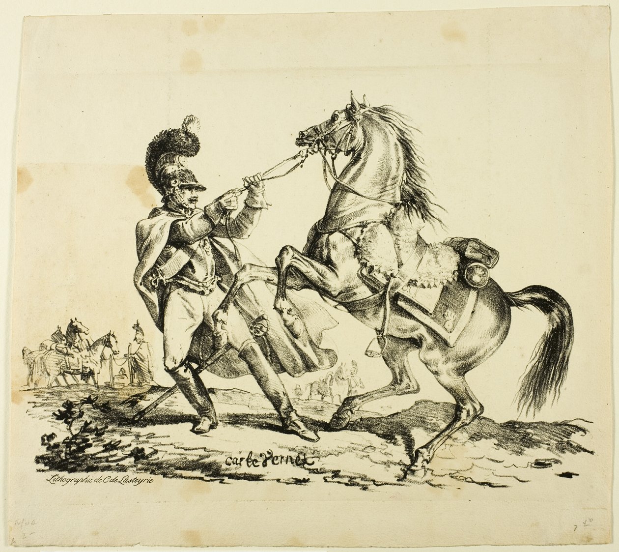 Cuirassier til fots som begrenser oppveksthesten sin av Carle Vernet