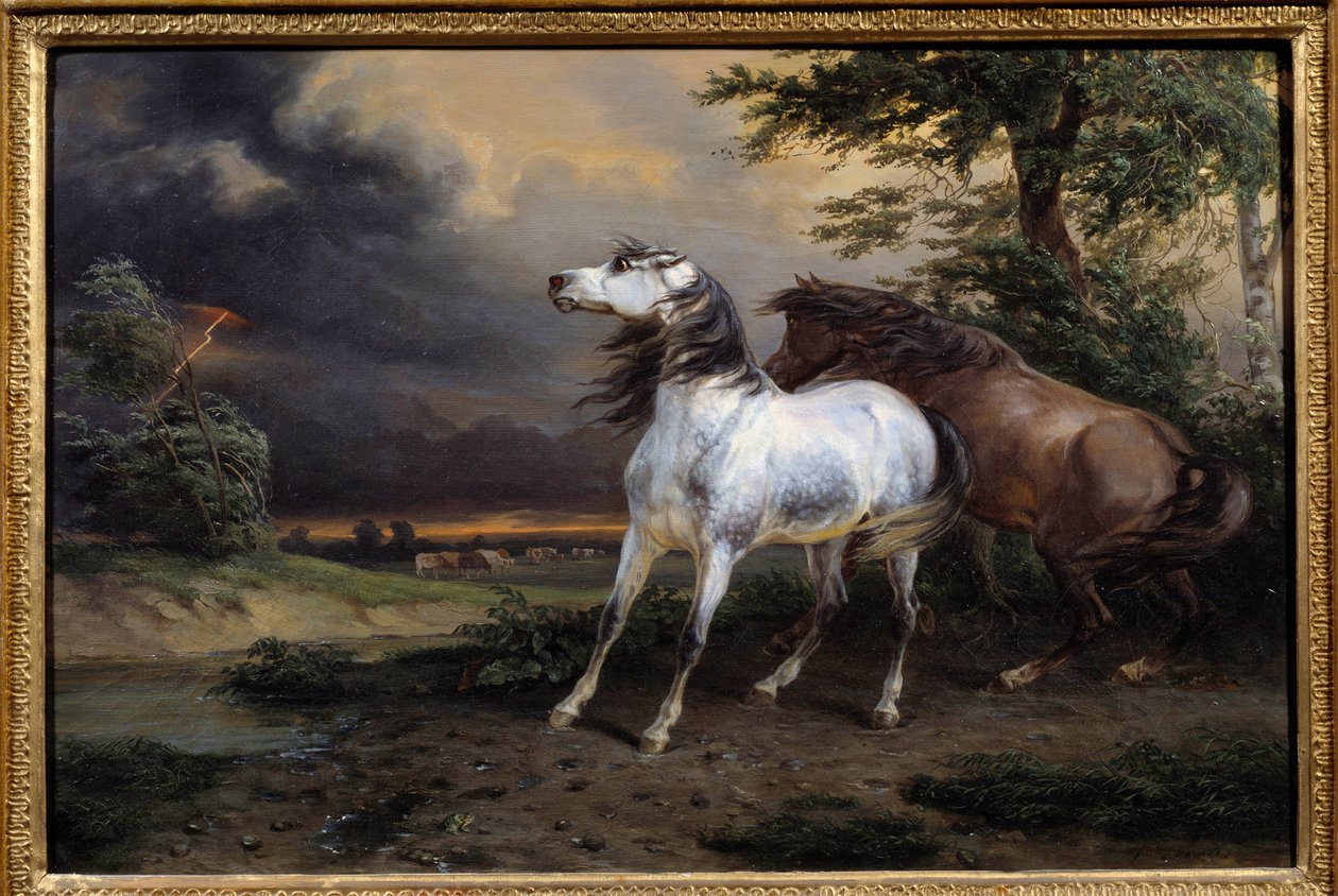 Hester skremt av stormen. Maleri av Carle Vernet (1758-1835) av Carle Vernet