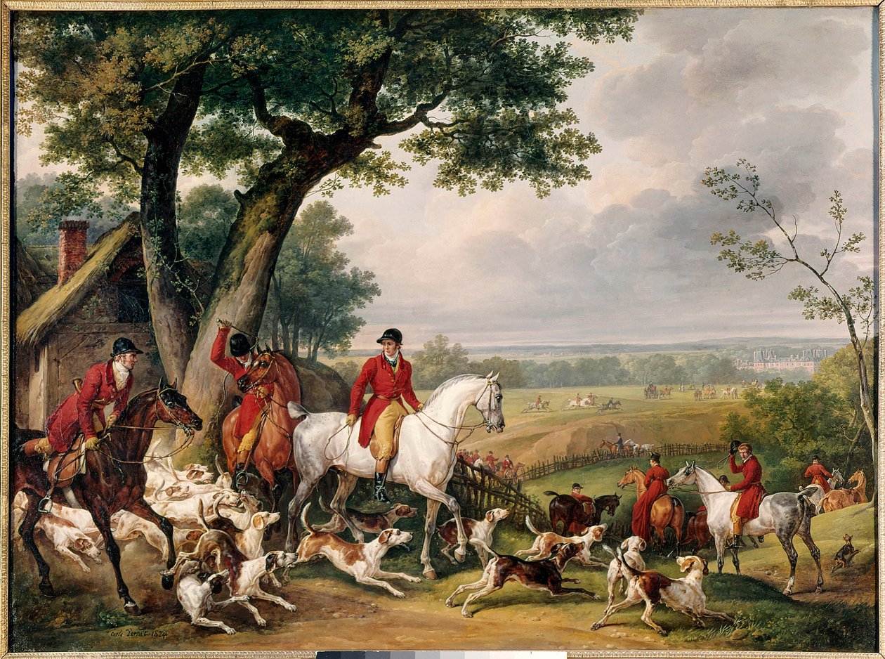 Jakt i skogen i Fontainebleau Maleri av Antoine Vernet dit Carle (1758-1836) 1824 Gien. Jaktmuseum - Jakt i skogen i Fontainebleau. Maleri av Antoine Vernet kalt Carle (1758-1836) 1824. Jaktmuseet, Gien-slottet, Frankrike av Carle Vernet