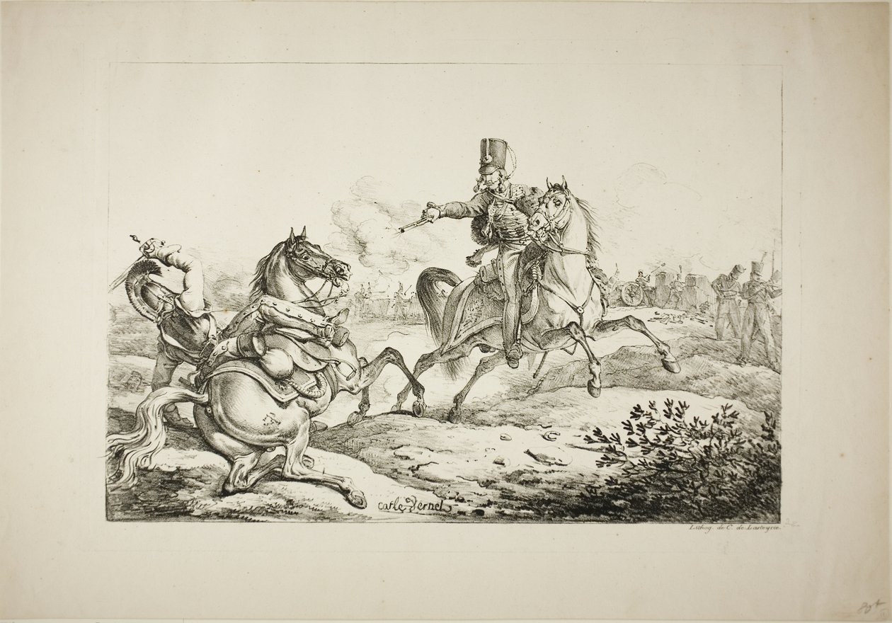 Hussar avfyrer pistolen sin ved en tysk dragon av Carle Vernet