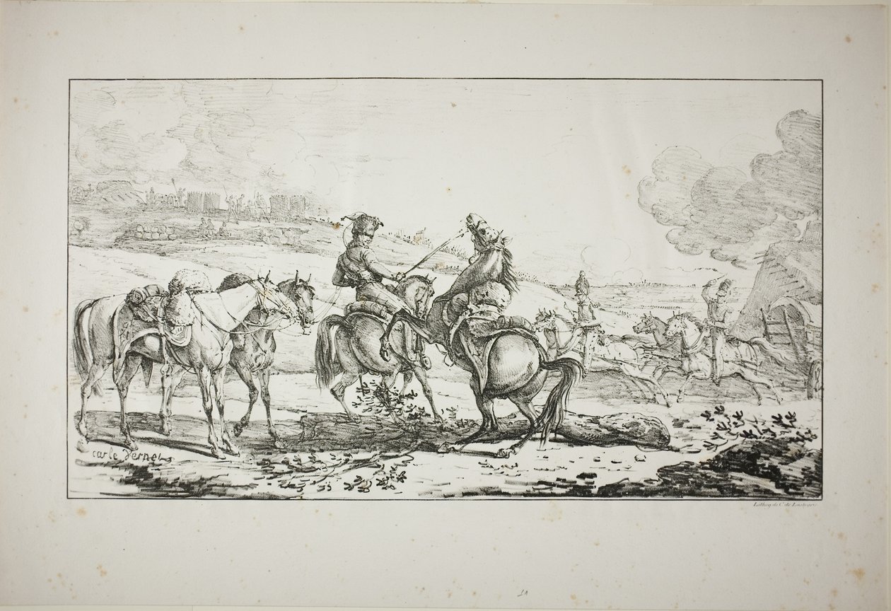 Montert artillerist med tre hester tøylet på en gang av Carle Vernet
