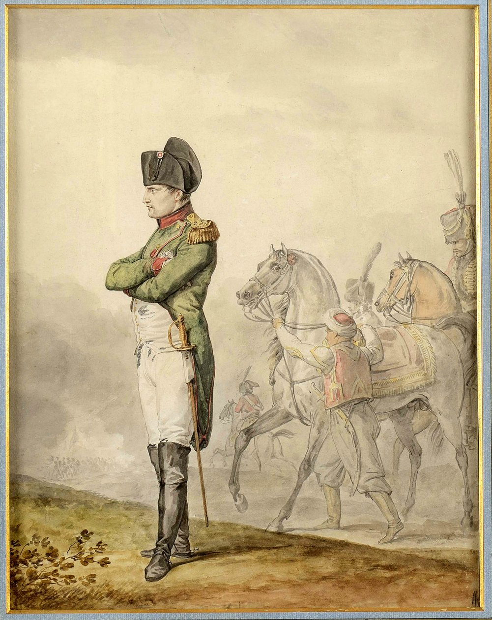 Napoleon a Austerlitz (1805) - Napoleon ved Austerlitz, av Vernet, Carle (1758-1836). Akvarell på papir. Privat samling av Carle Vernet