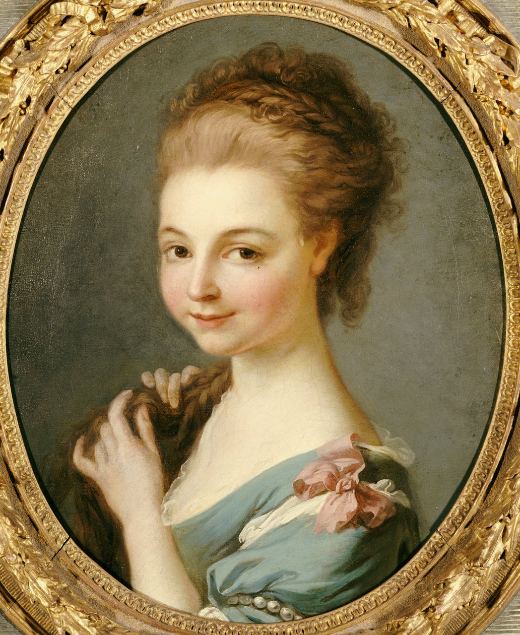 En jente i en blå kjole med et rosa sløyfe av Carle van Loo