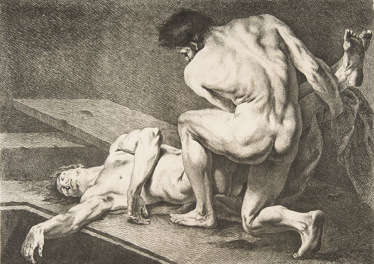 An Académie: One Man Lifting the Legs of Another Man, 1742-43. av Carle van Loo