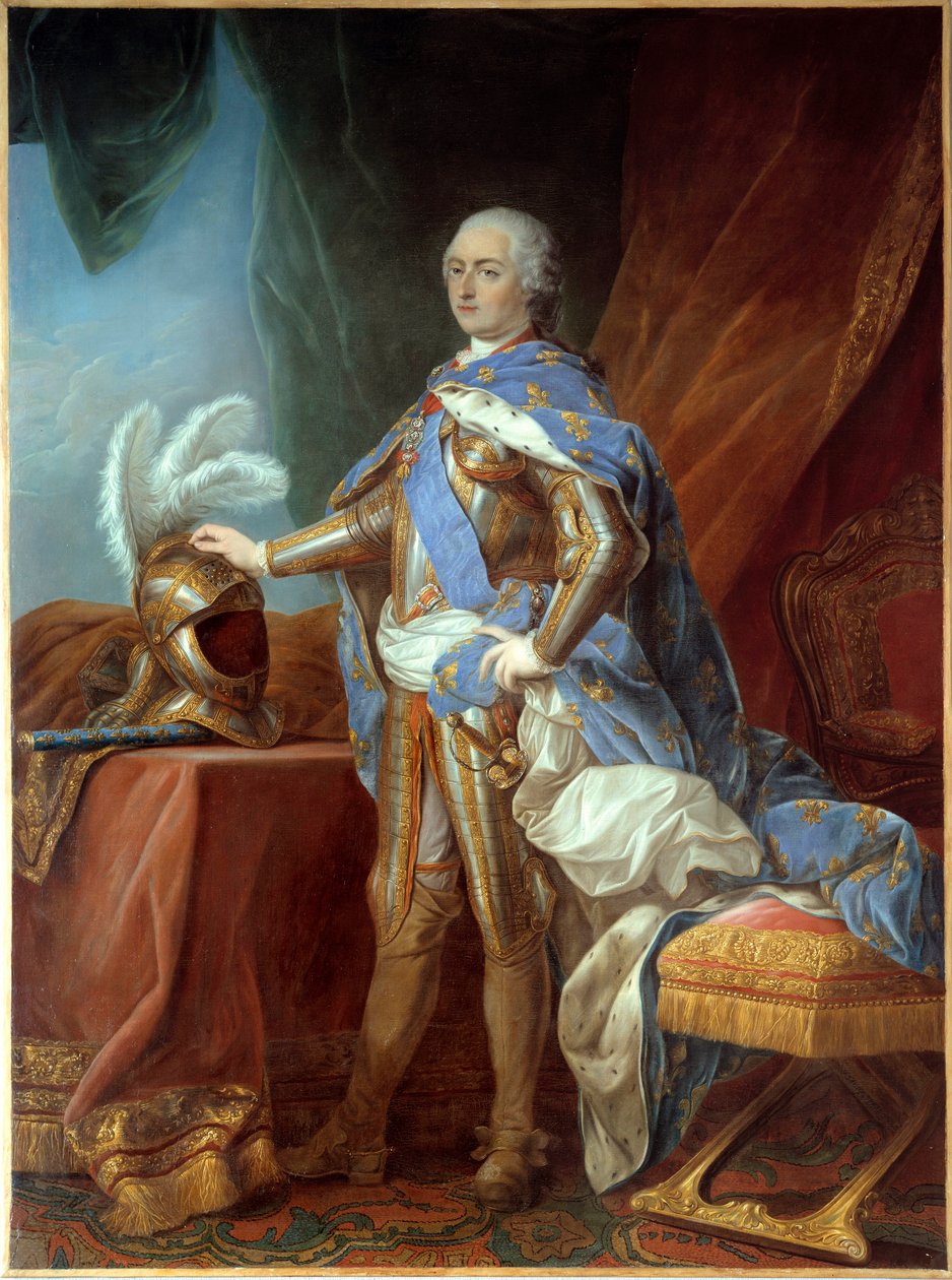 Portrett til fots av Louis XV (1710-1774), i rustning, hånd plassert på et ror. Maleri av Carle Van Loo (1705-1765), olje på lerret (271 x 193 cm) av Carle van Loo