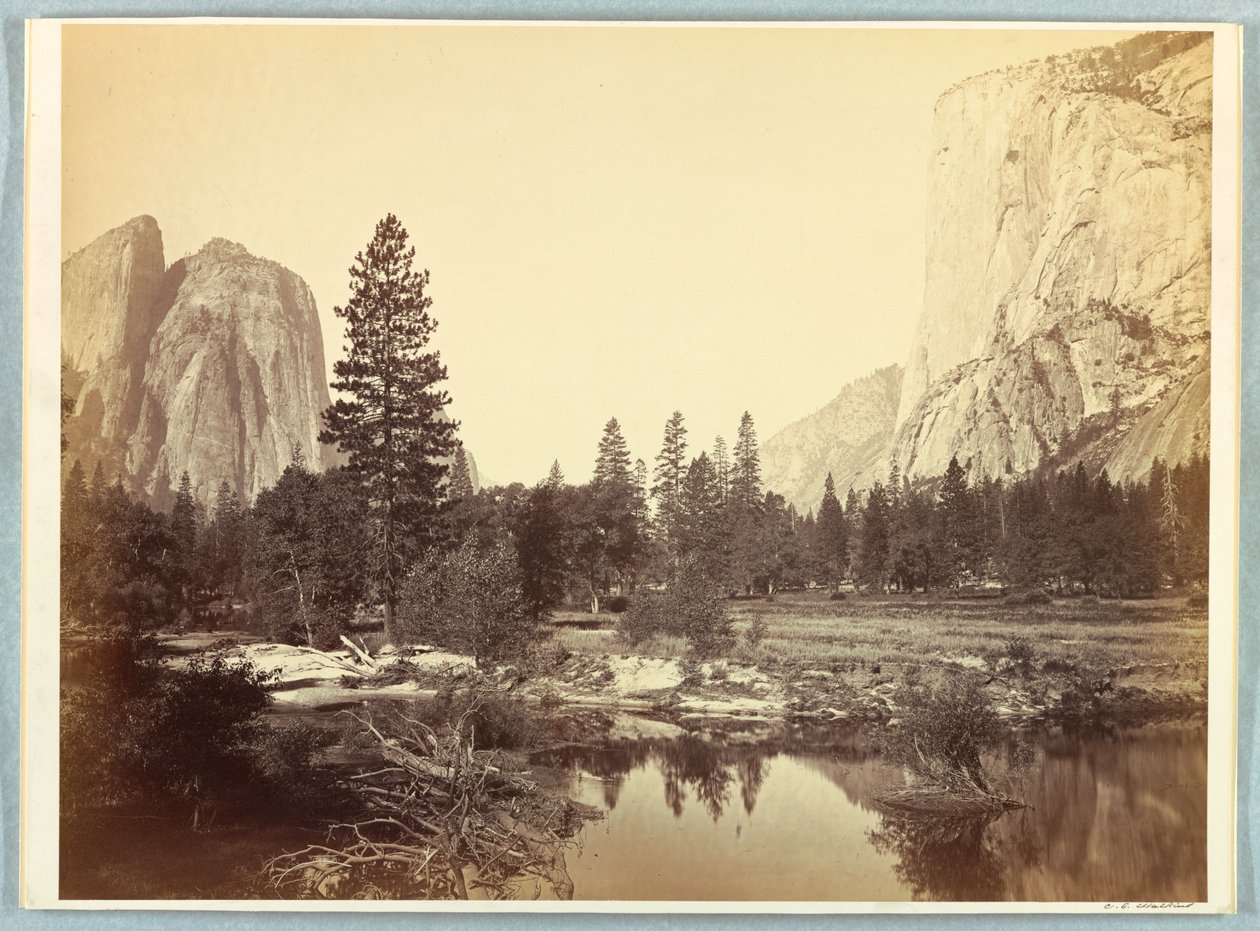 Nedover dalen, El Capitan og Cathedral Rocks av Carleton E. Watkins