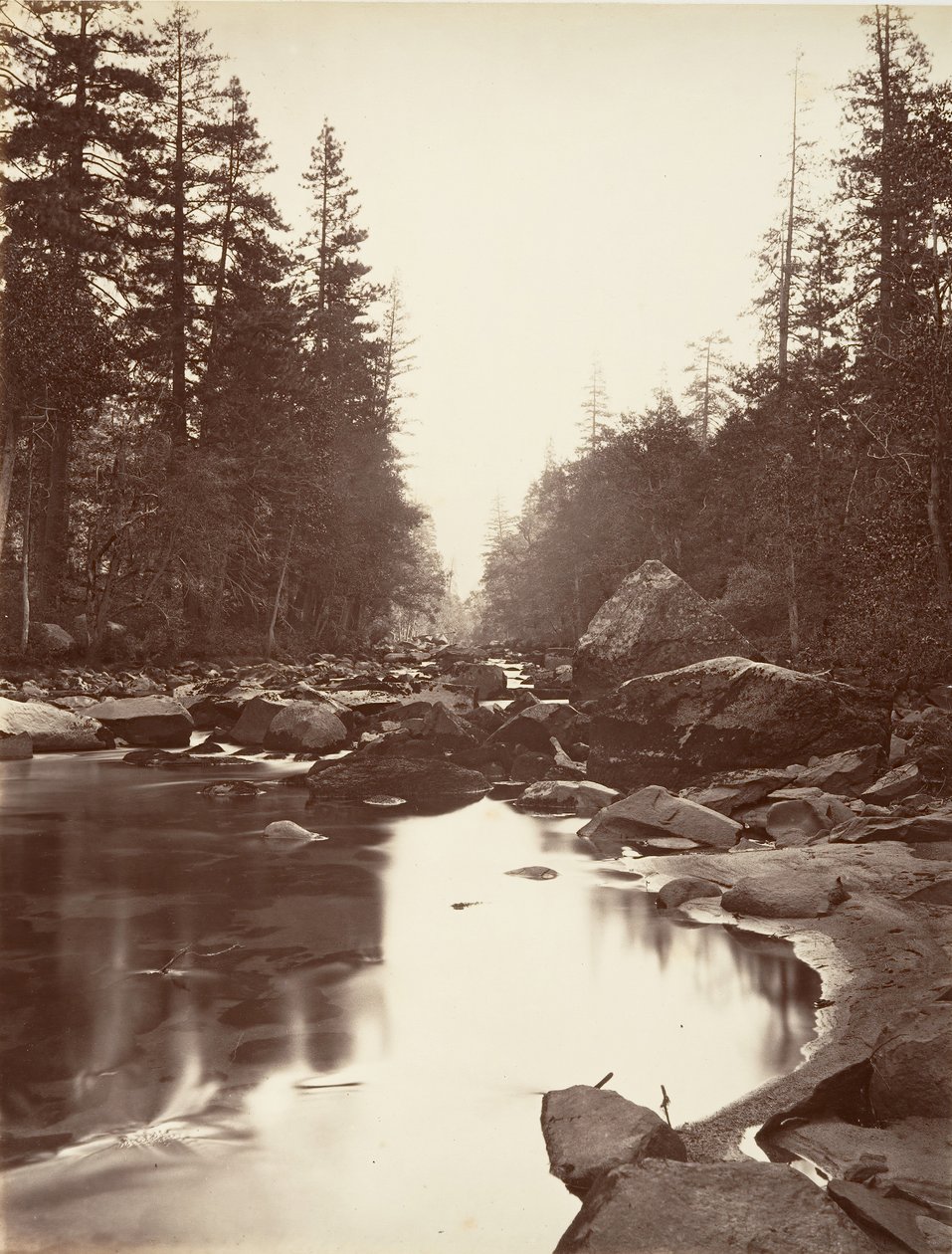 Merced River, Yosemite, ca. 1872, printed ca. 1876.    1142036   no       norwegian Successfully Translated  Original: French Revolution: “What do you do, I am in penitence” King Louis XVI (1754-1793) represents in a cage on the eve of his flight to Varenn av Carleton E. Watkins.