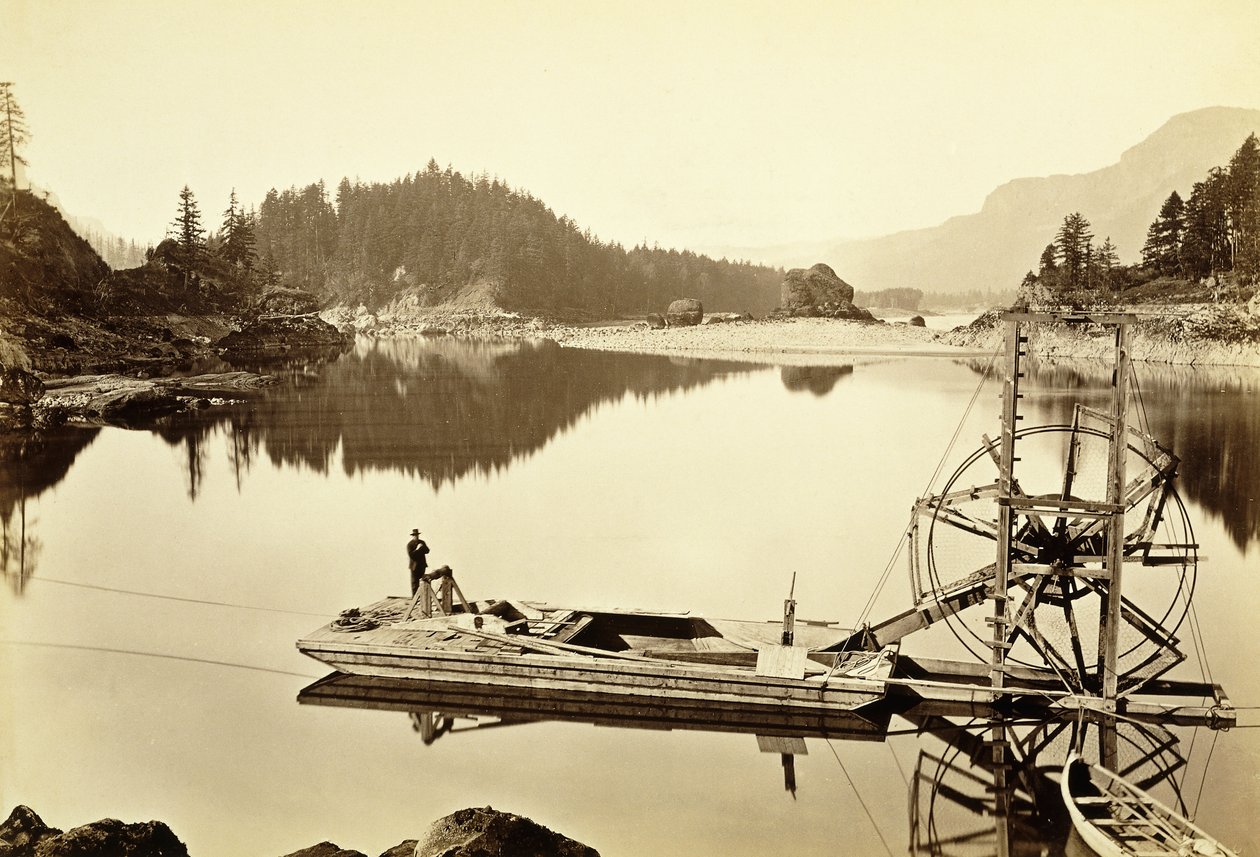 Flytende laksehjul, Cascades, 1867 av Carleton E. Watkins