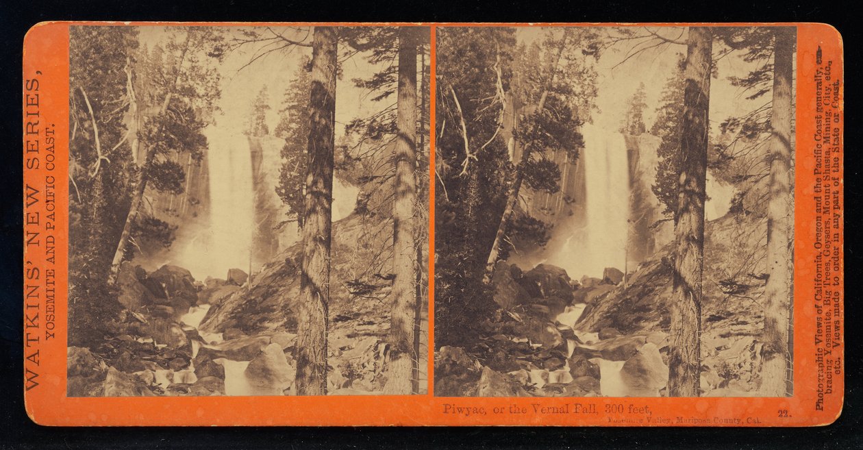 Bilde, av Vernal Fall ved lavt vann, 300 fot, Yosemite Valley, Mariposa County, Cal av Carleton Watkins