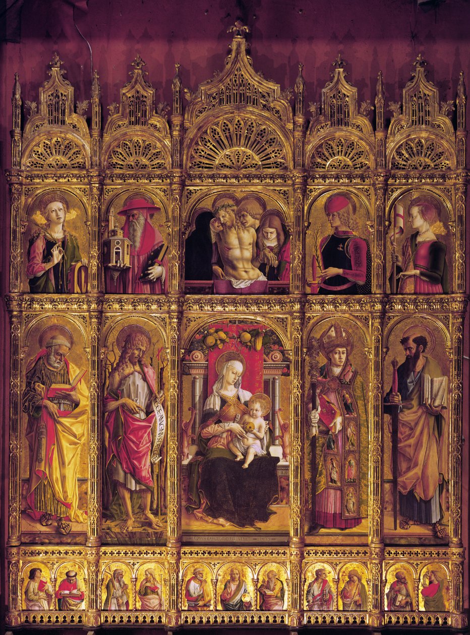 Altertavle av St Emidio, polyptyk: Pietaen og jomfruen med barn mellom de hellige, ca. 1430-95 (tempera på tre) av Carlo Crivelli