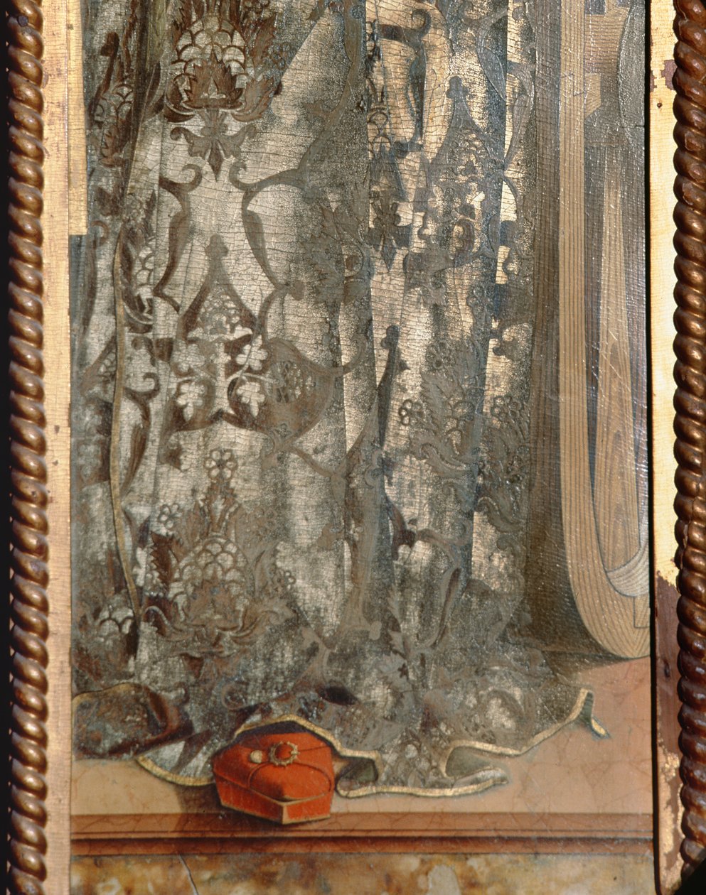 St. Catherine, detalj av kappen hennes fra Santa Lucia triptyk tempera på panel se 76683 av Carlo Crivelli