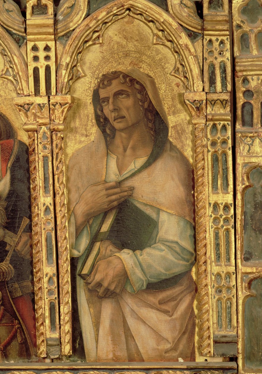 St. John the Evangelist, detalj fra San Martino polyptych (tempera på panel) (se 76669) av Carlo Crivelli