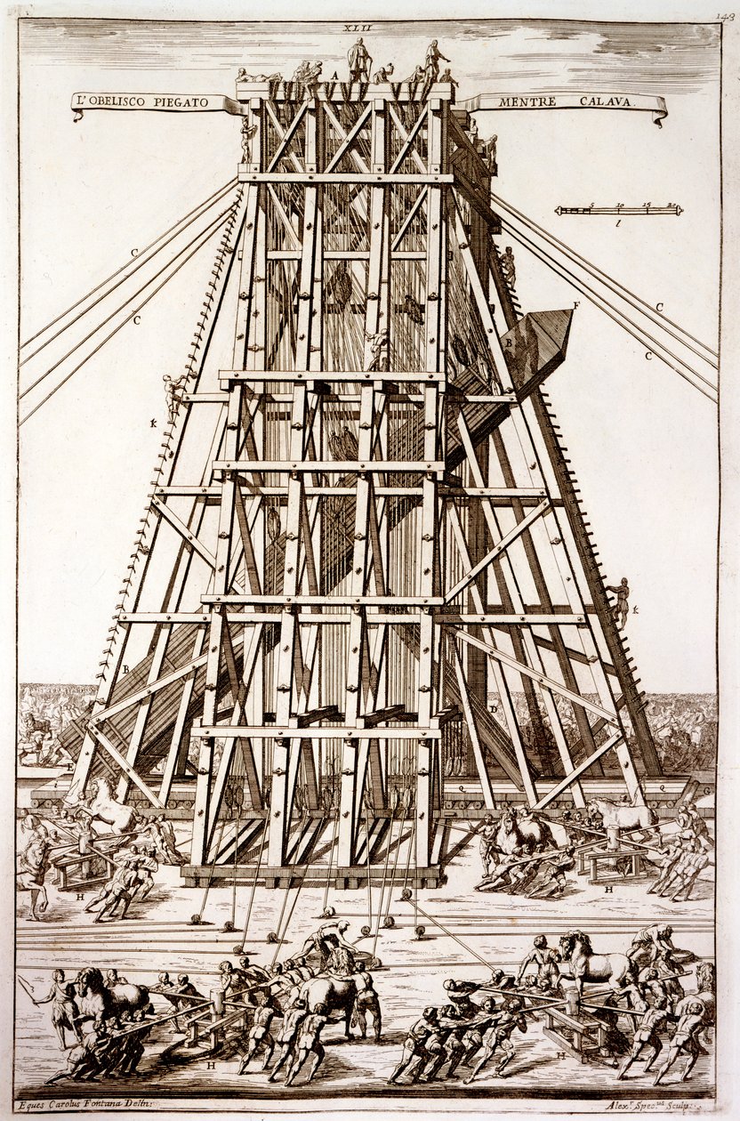 Reiser den gamle egyptiske obelisken på Petersplassen, Roma, gravert av Alessandro Specchi av Carlo Fontana
