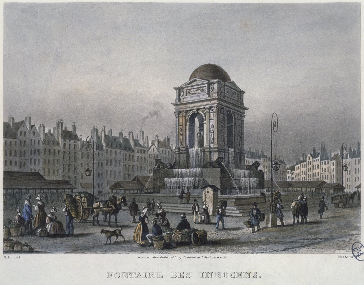 The Fountain of the Innocents, Paris, gravert av Frederic Martens (1809-75) 1832 (fargegravering) av Carlo Gilio