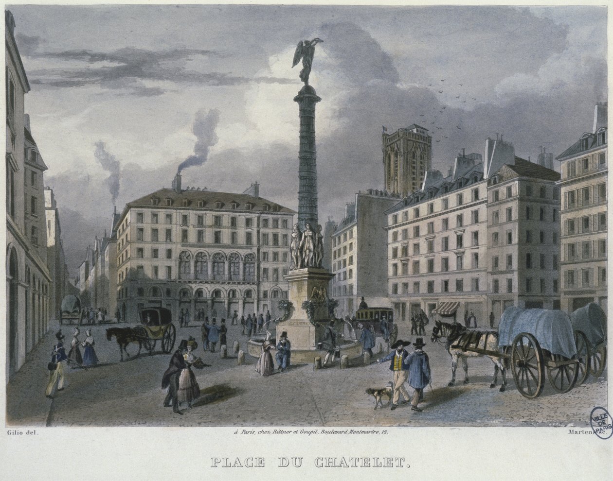 Place du Chatelet, Paris, gravert av Frederic Martens (1809-75) 1832 (fargegravering) av Carlo Gilio
