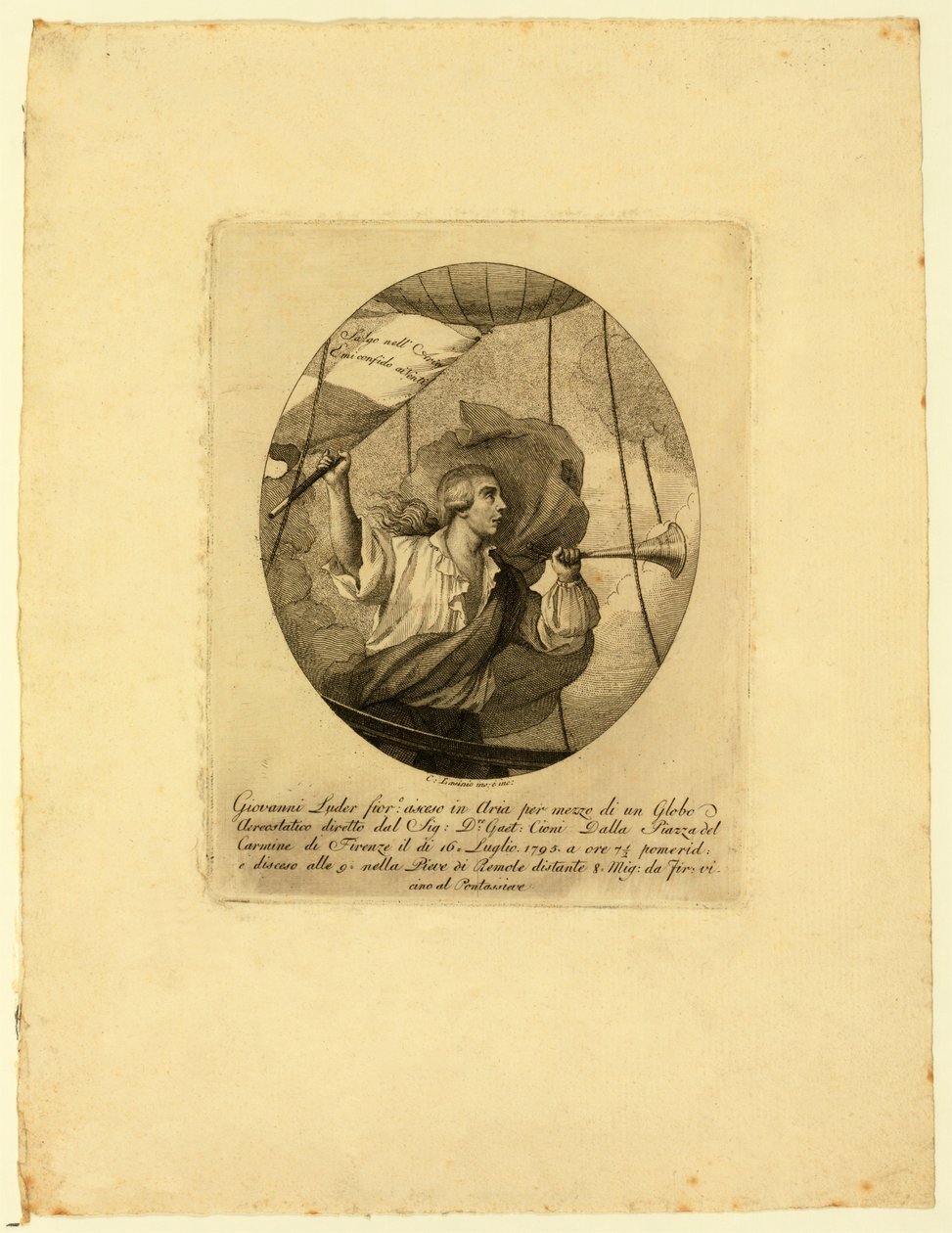 Giovanni Battista Luder, stående i en ballongkurv under en oppstigning over Firenze, 1795-1850 av Carlo Lasinio