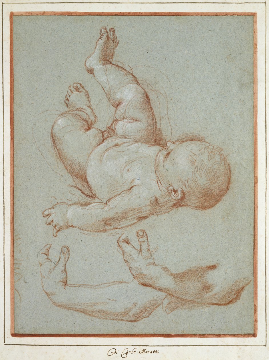 Spedbarnet Romulus og to studier av en manns venstre arm (kritt på papir) av Carlo Maratta or Maratti